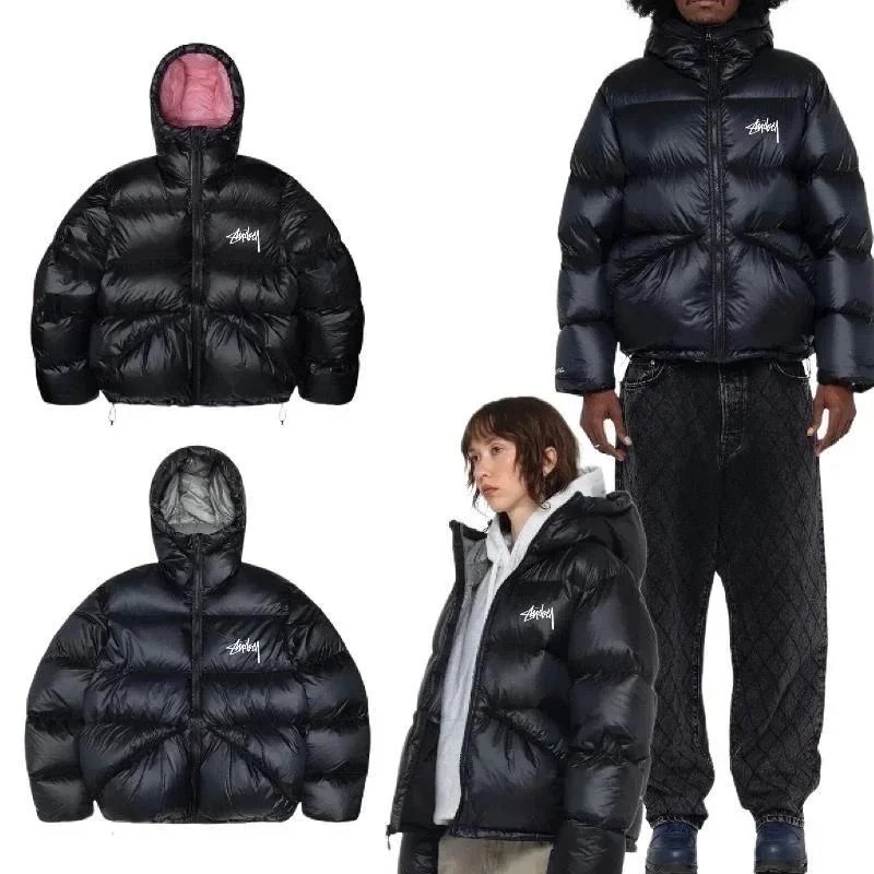 Stussy Black Puffer Jacket with Hood and Logo