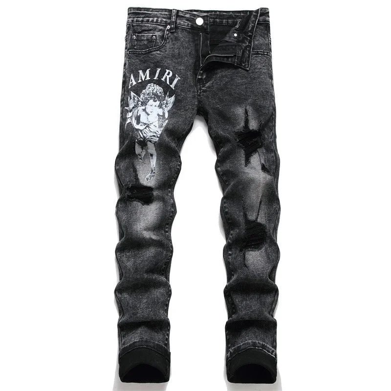 AMIRI Black Distressed Denim Jeans with Angel Print
