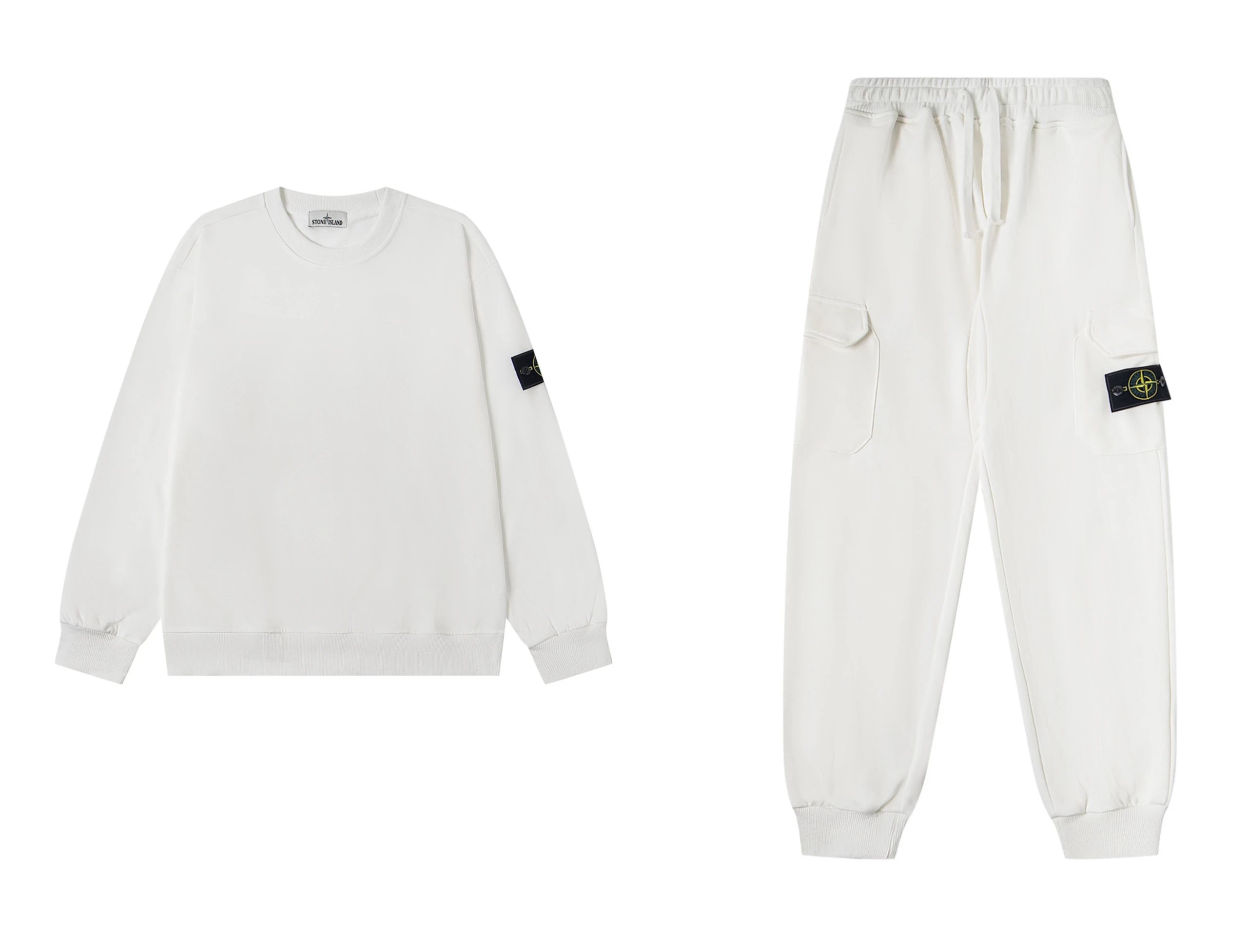 Stone Island White Crewneck Sweatshirt and Cargo Joggers Set