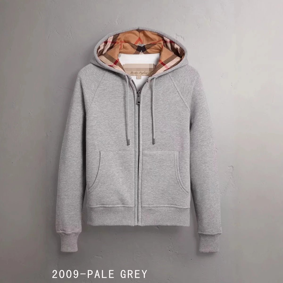 Burberry Pale Grey Hoodie with Check Lining Zip-Up Sweatshirt