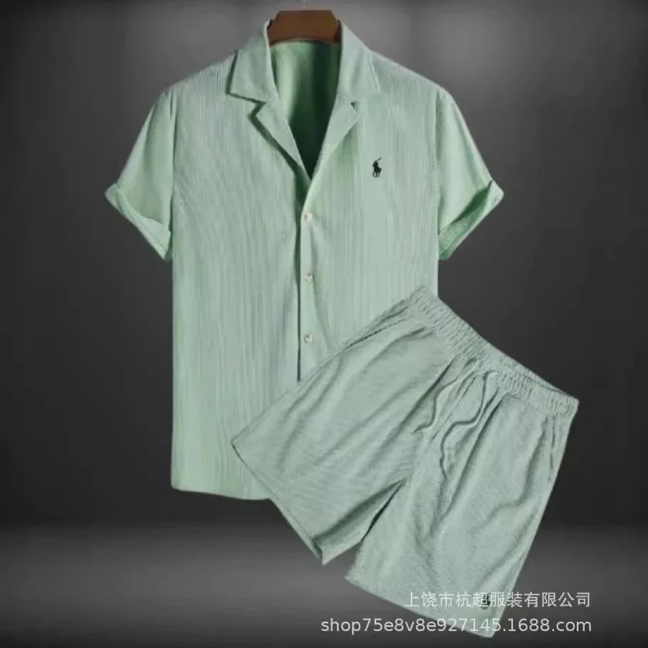 Men's Light Green Striped Cotton Pajama Set Short Sleeve Shirt and Shorts