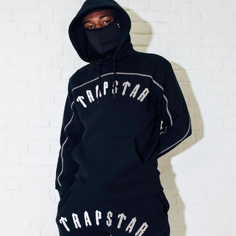 Trapstar Black Hoodie with White Logo and Piping