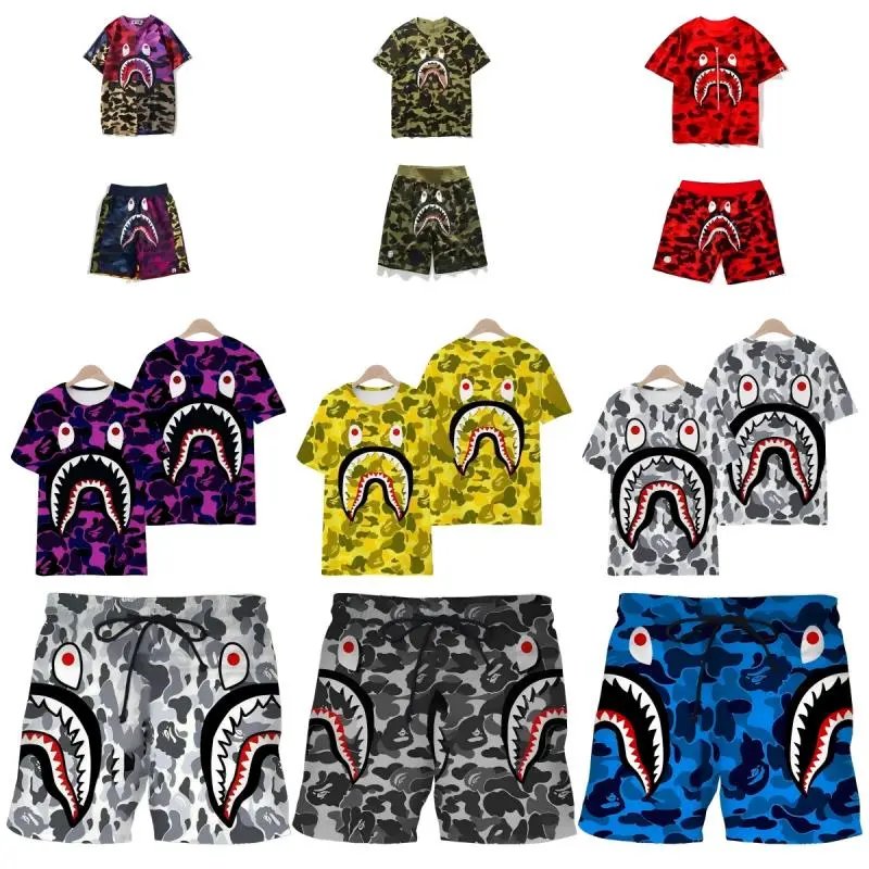 Bape Shark Camouflage T-Shirt and Shorts Set for Men and Women