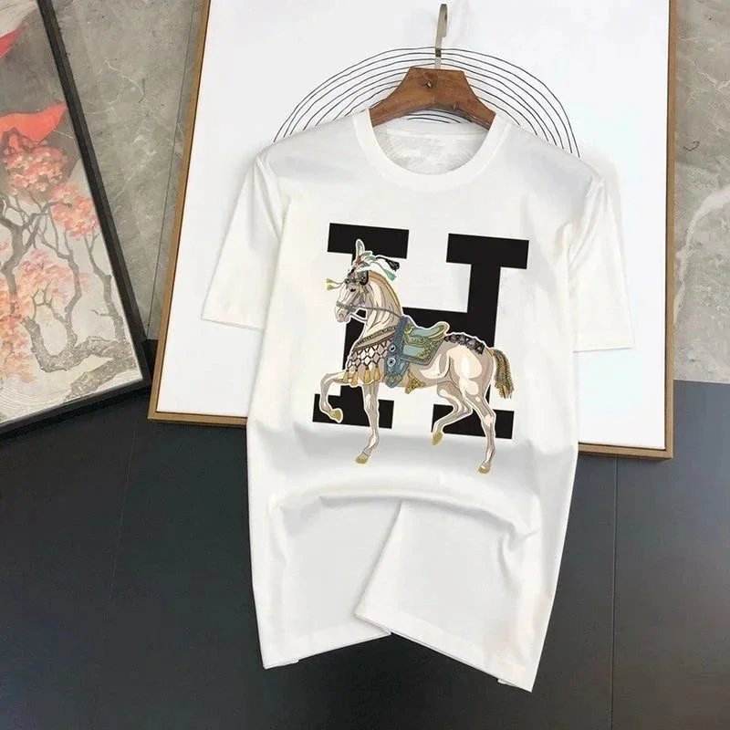 White Horse Print T-Shirt with Bold H Logo Design
