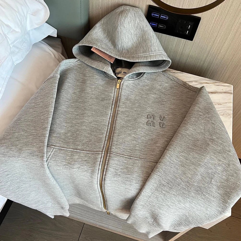 Miu Miu Gray Zip-Up Hoodie with Embroidered Logo