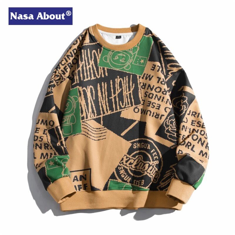 Nasa About Patchwork Print Crewneck Sweater Men Streetwear Fashion Sweatshirt