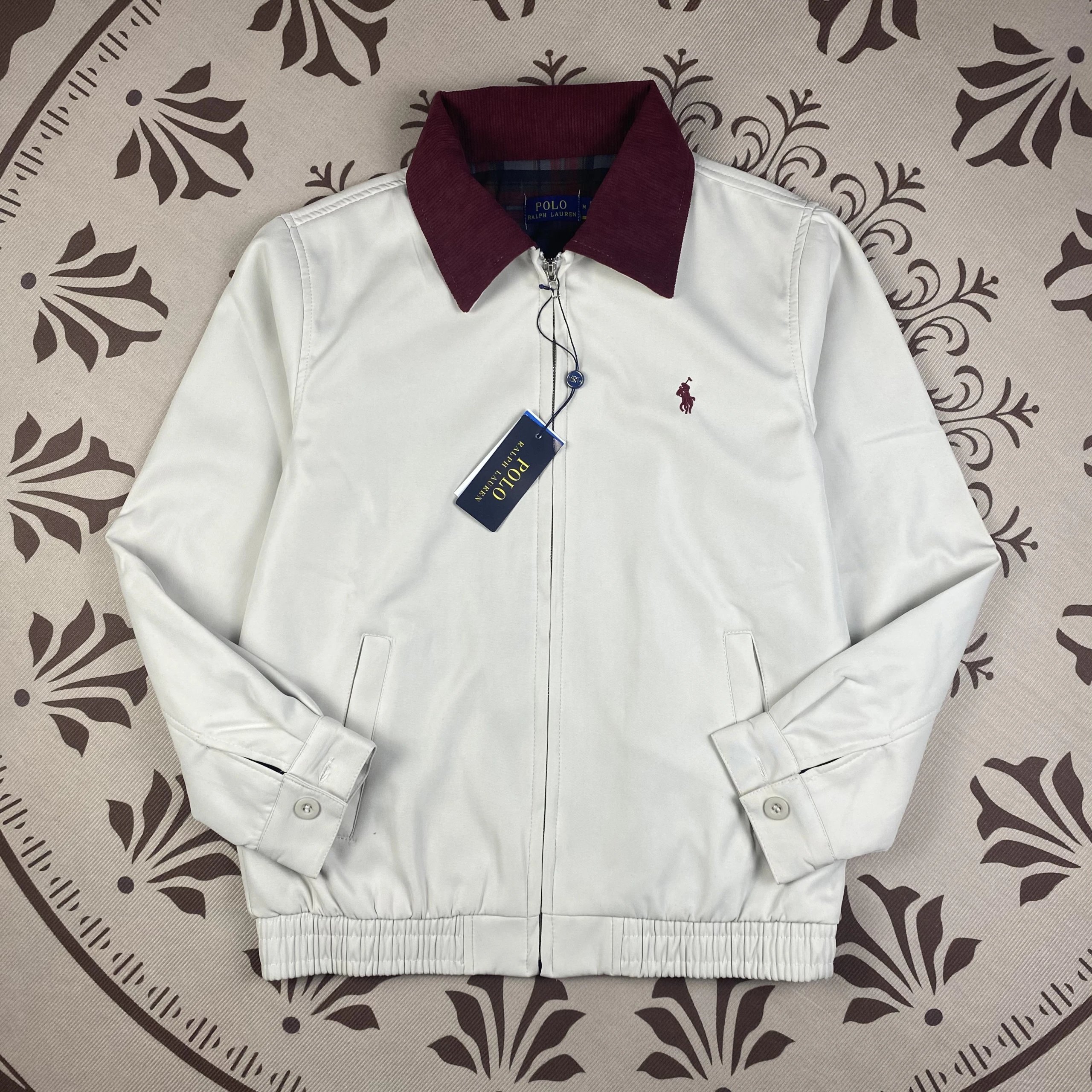 White Polo Ralph Lauren Bomber Jacket with Burgundy Collar