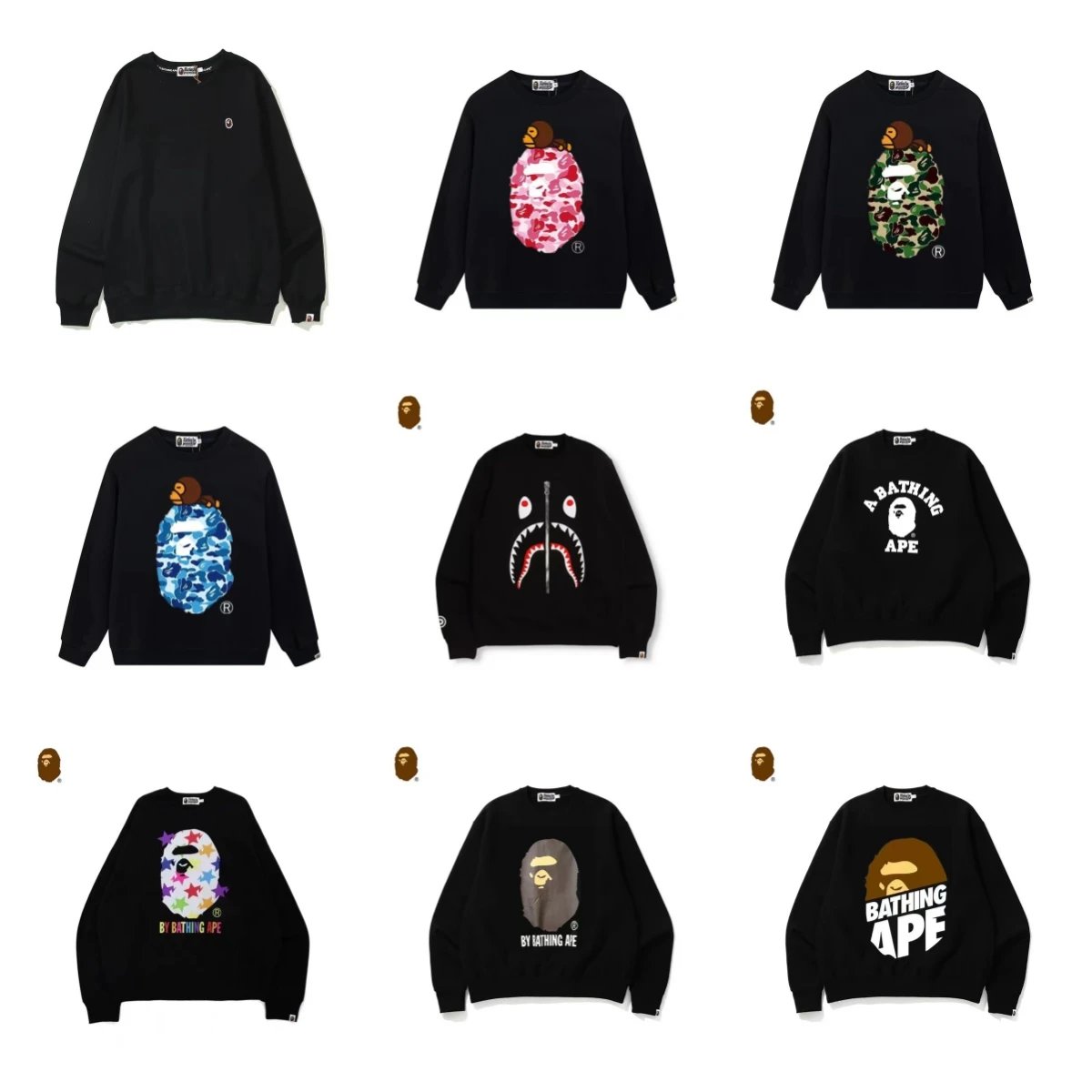 A Bathing Ape Black Sweatshirts with猿Face Logo and Camouflage Design
