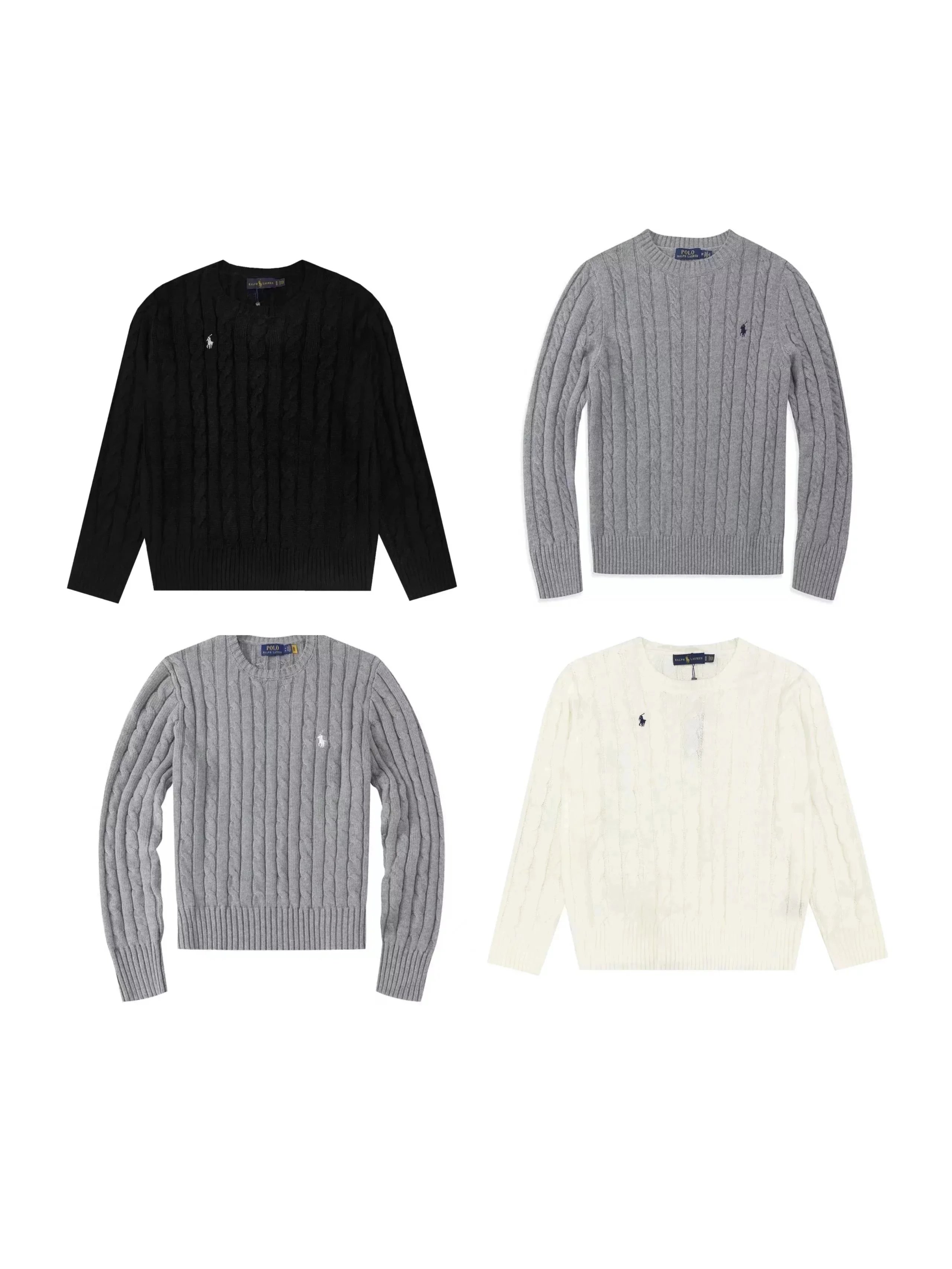 Men's Cable Knit Sweater - Classic Crewneck in Black, Gray, and White