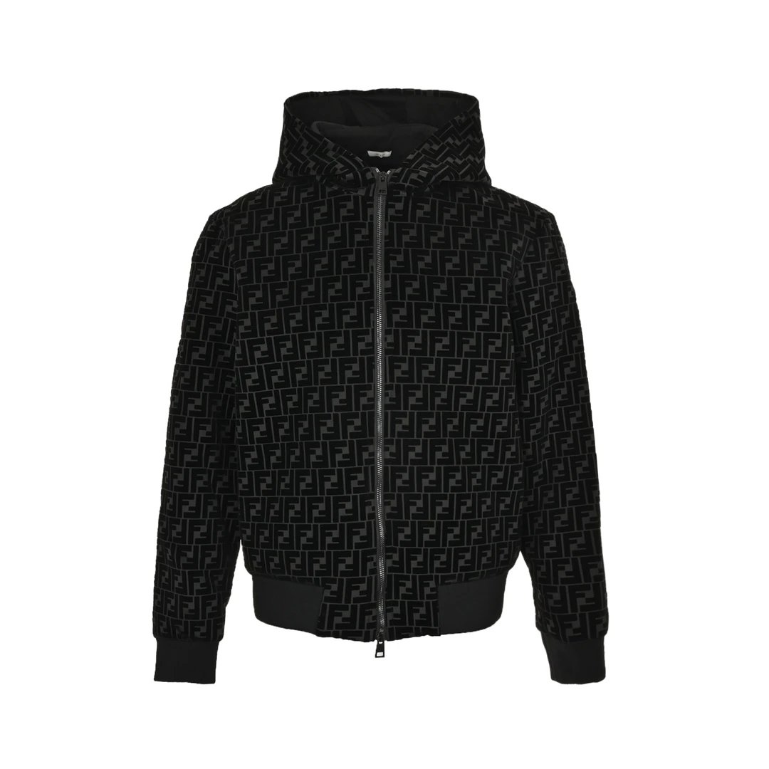 FENDI Monogram Hooded Zip-Up Jacket Black
