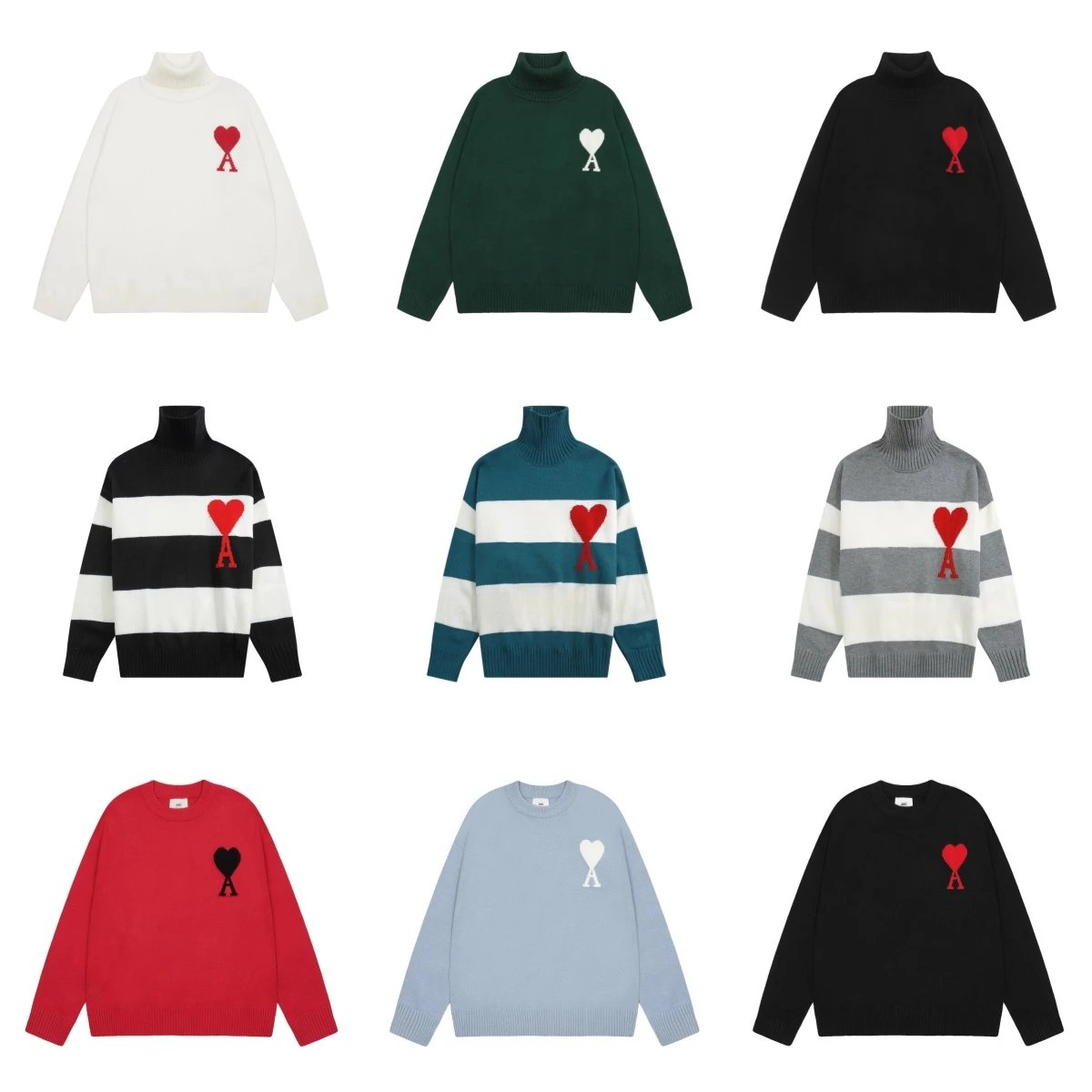 Ami Paris Heart Logo Knit Sweater - Turtleneck & Crewneck Styles