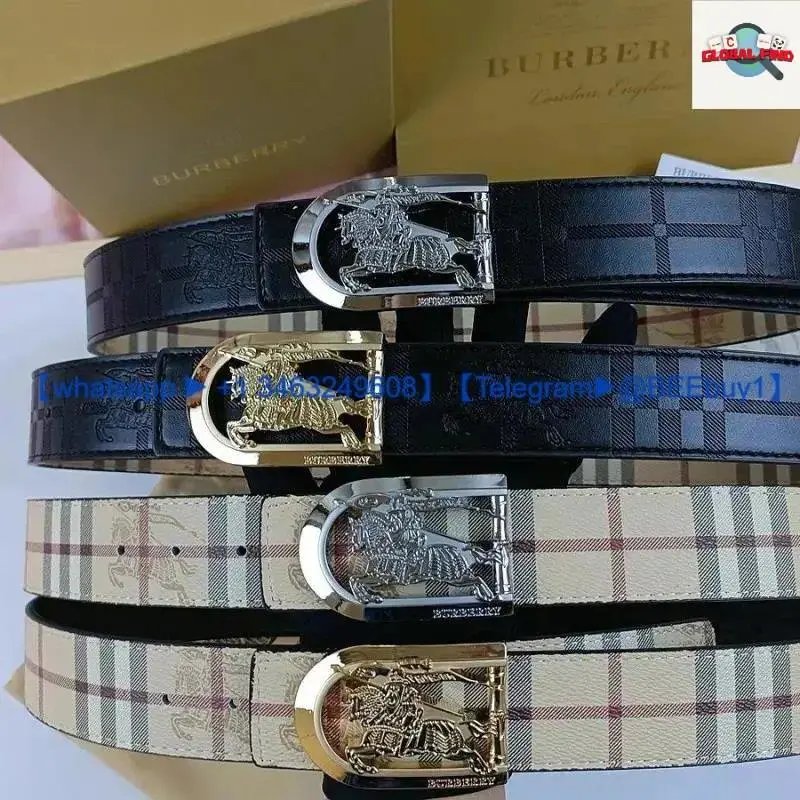 Burberry Check Pattern Leather Belt with Equestrian Knight Buckle