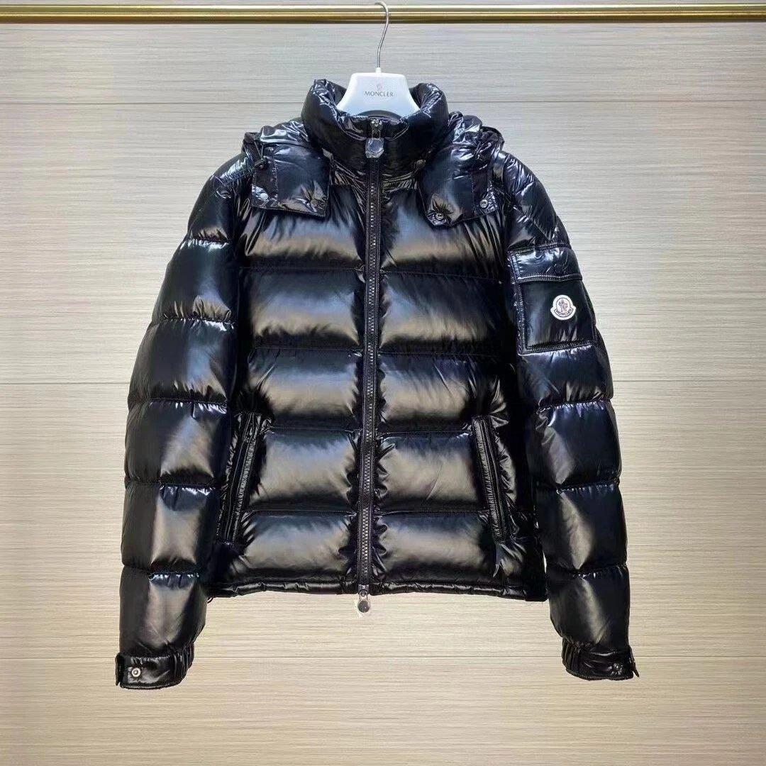 Moncler Black Down Jacket with Hood and Logo Patch