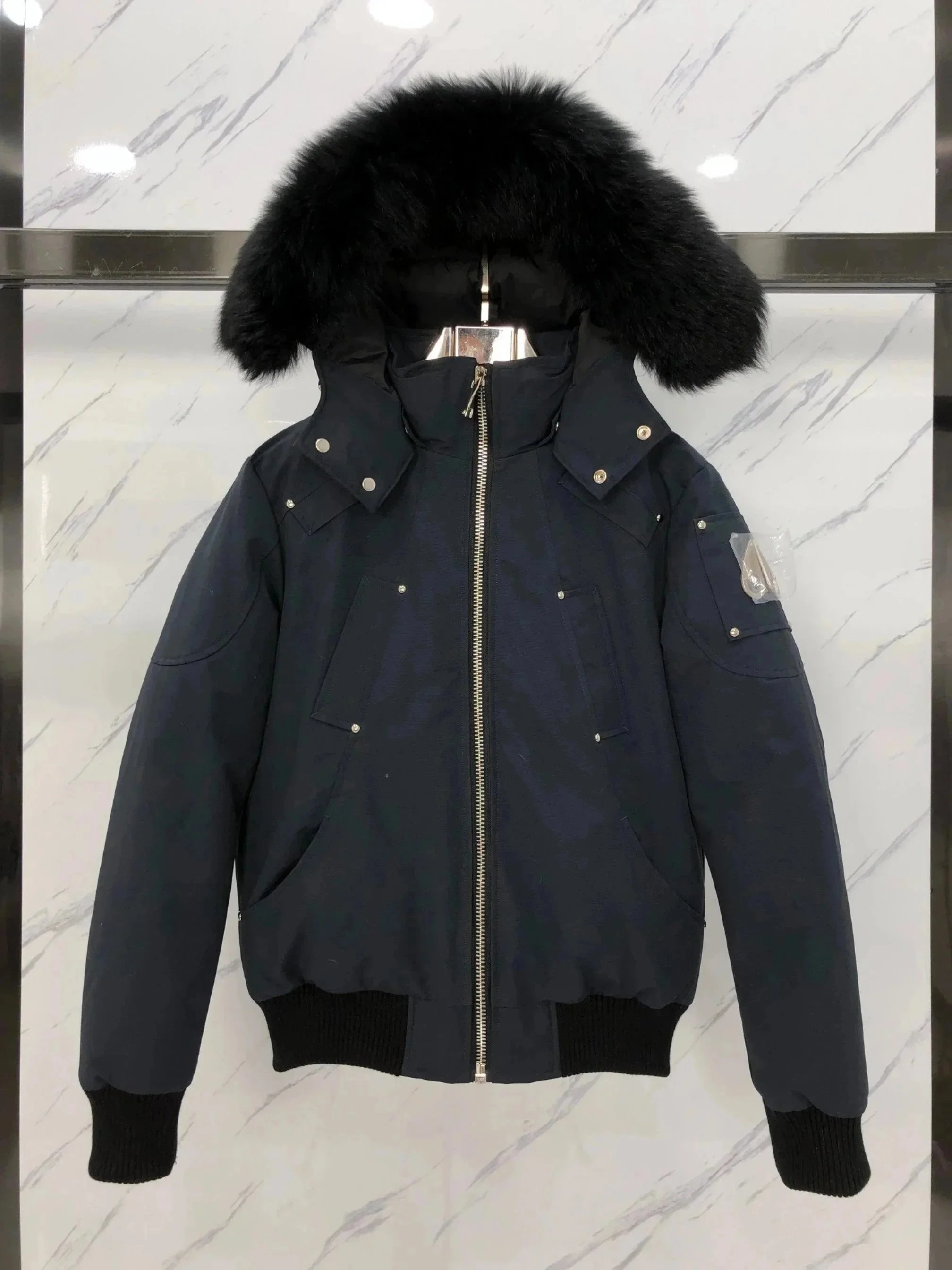 Moncler Navy Blue Down Jacket with Fur Hood