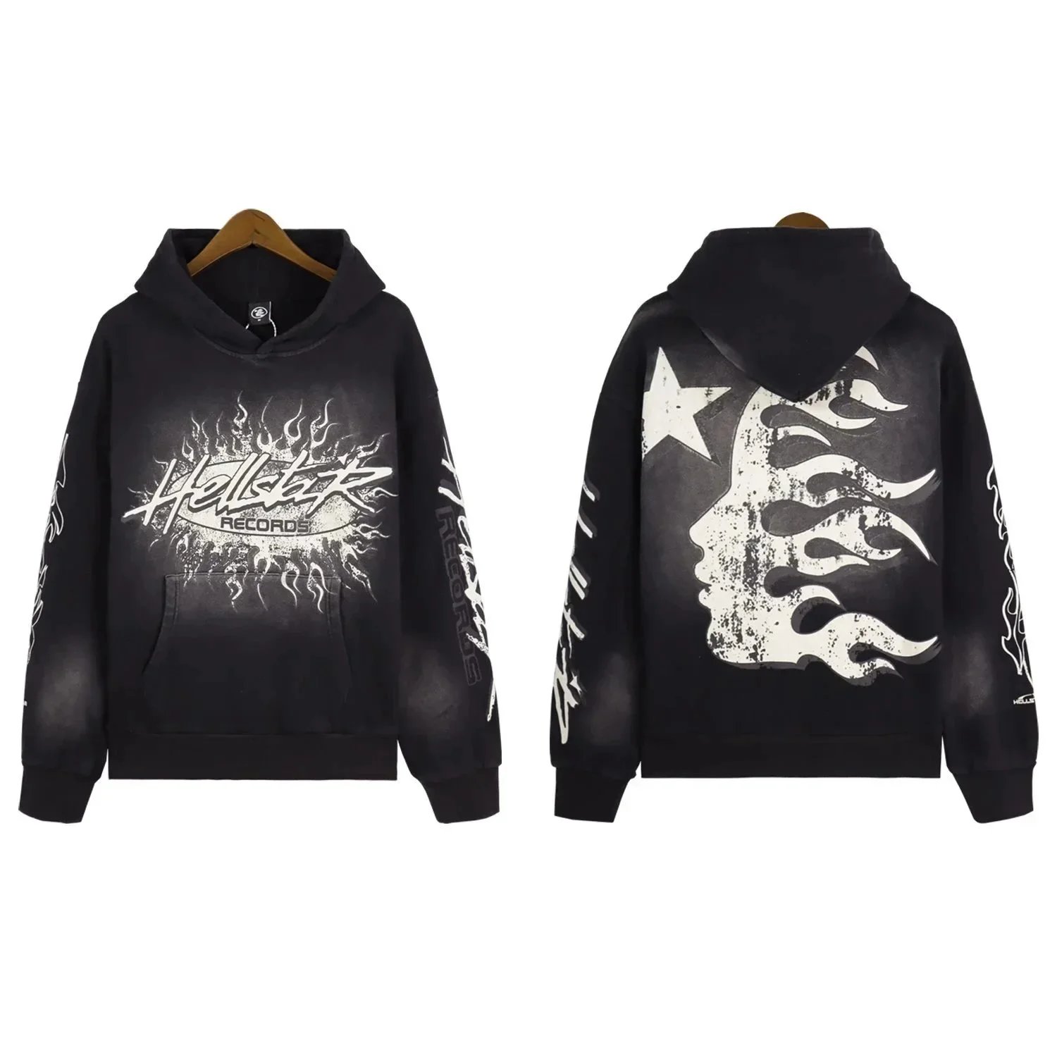 Hellstar Records Flame Print Hoodie Black White Design