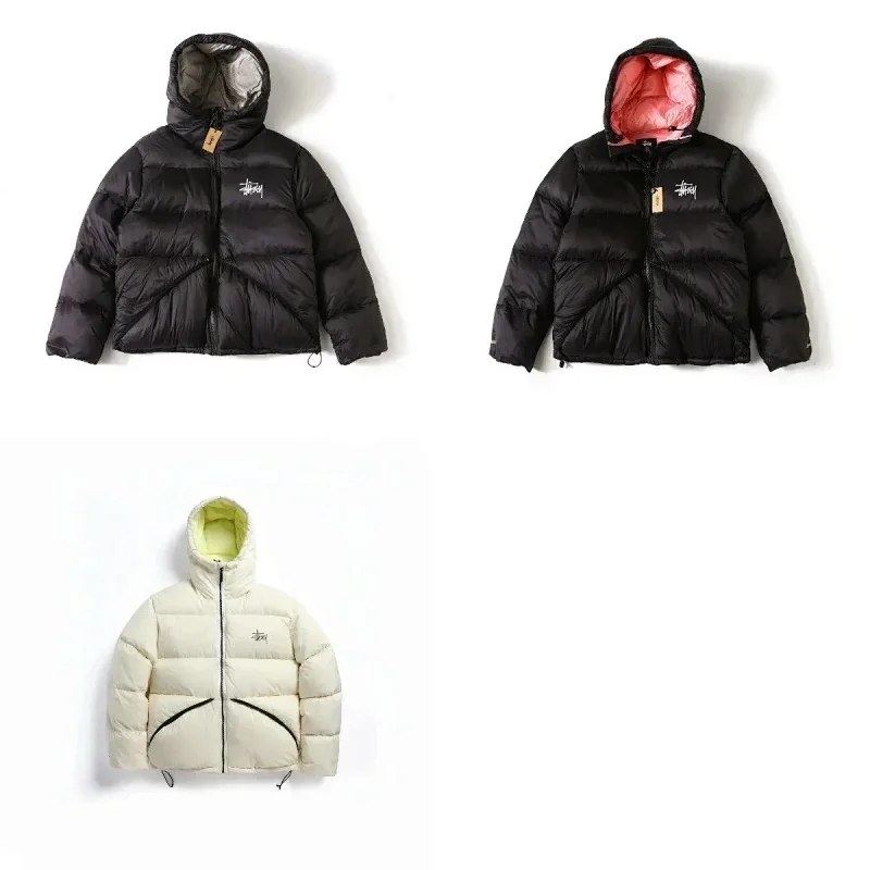 Stussy Down Jacket Black and Cream Hooded Puffer Coat