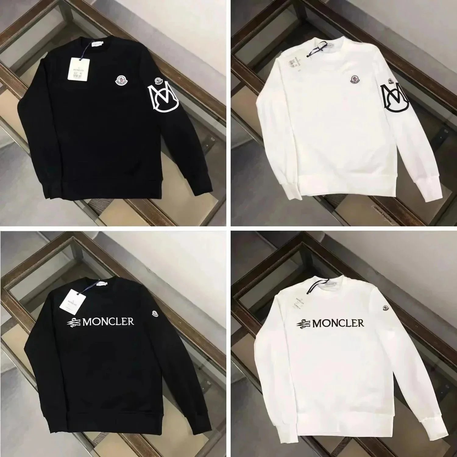 Moncler Logo Sweatshirt for Men and Women - Black and White Crewneck Sweaters