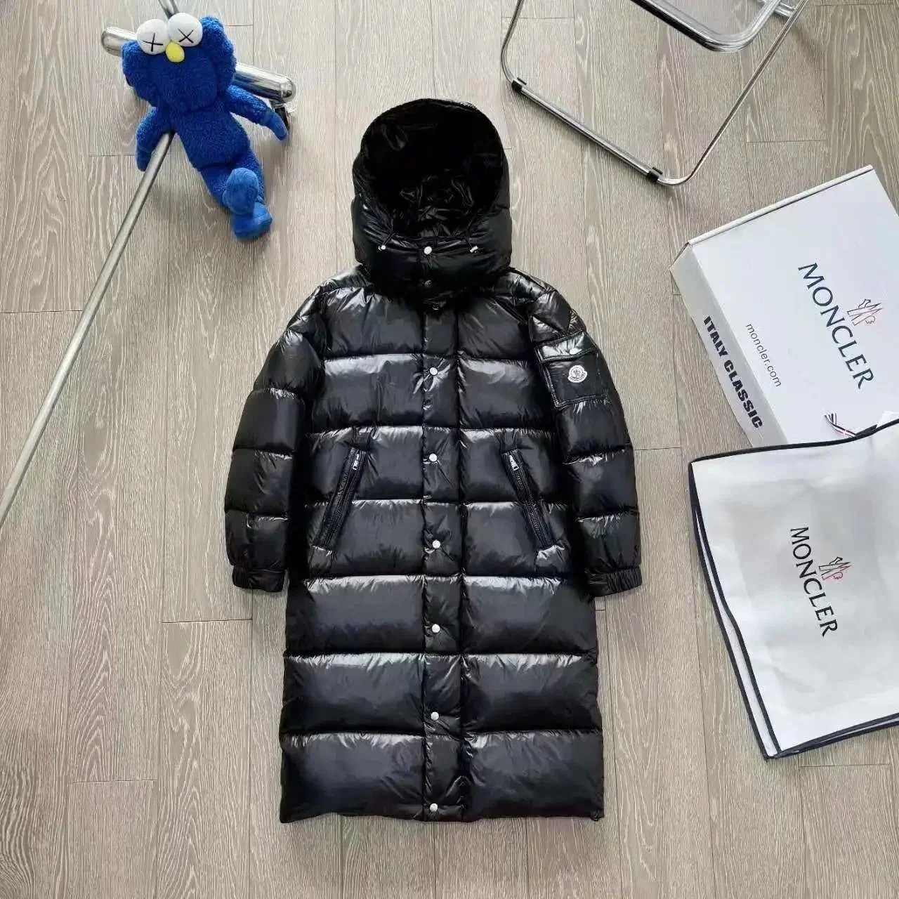 Moncler Black Long Down Jacket with Hood and Logo Patch