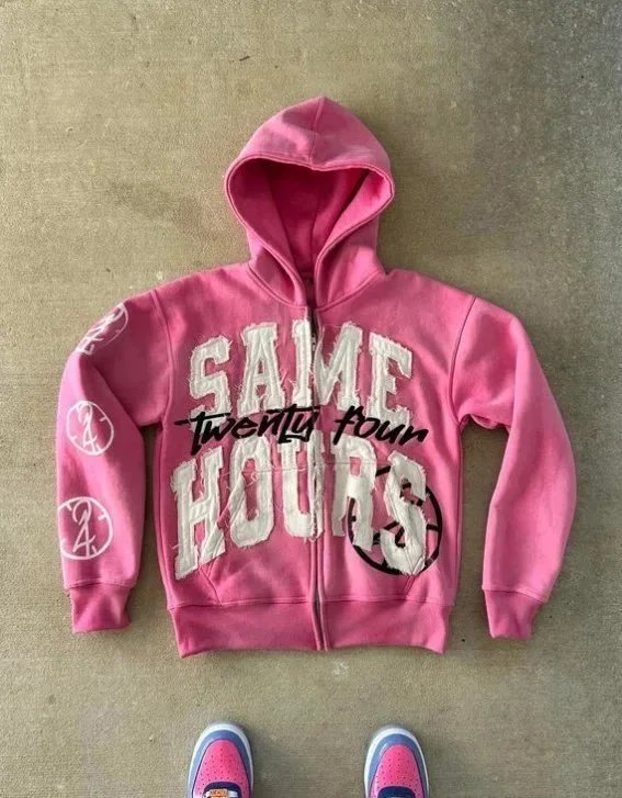 Pink Zip-Up Hoodie Same Twenty Four Hours Graphic Sweatshirt