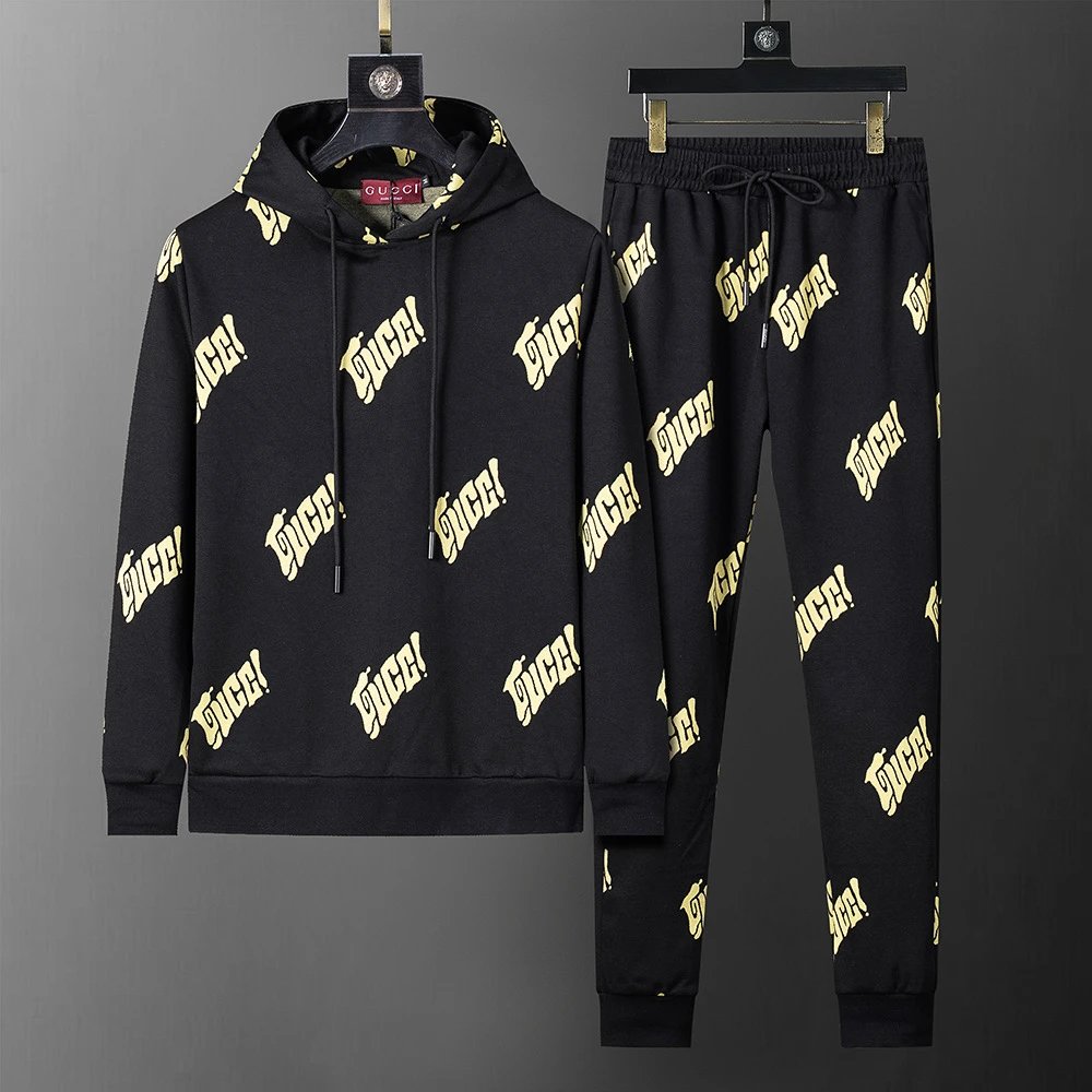 Gucci Black Hoodie and Pants Set with Gold Logo Print