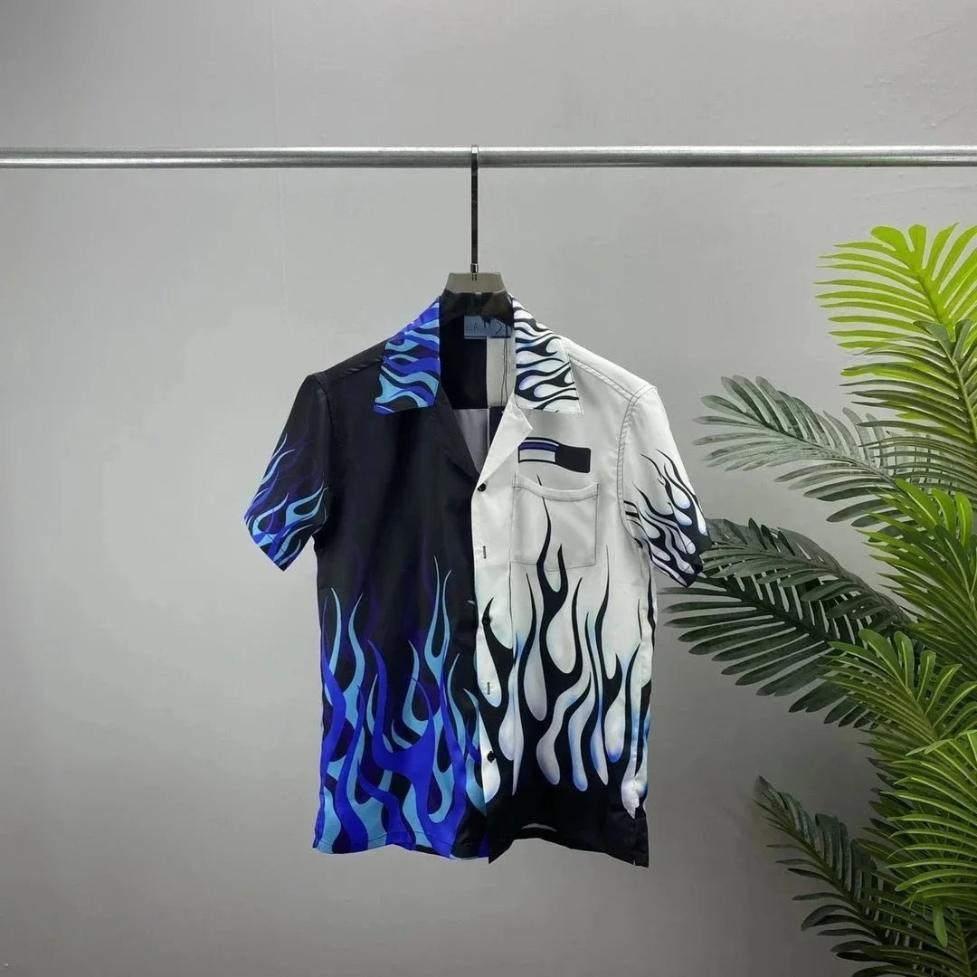 Men's Flame Print Short Sleeve Shirt Black White Blue