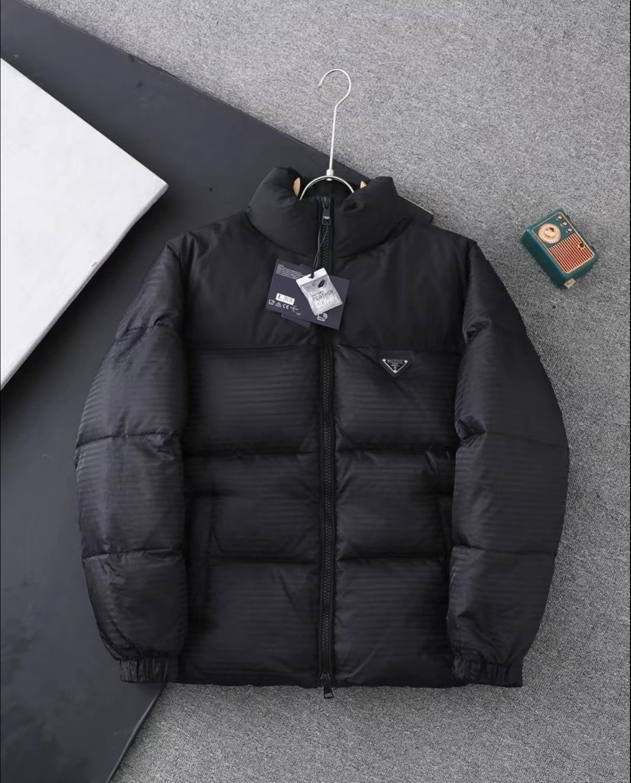 Men's Black Down Jacket with Logo Patch