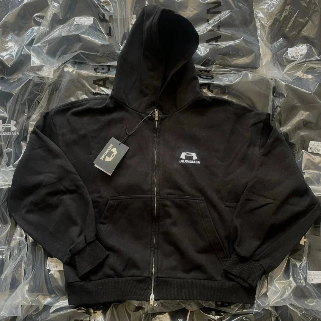 Balenciaga Black Hoodie Zip-Up Sweatshirt Men's Fashion Streetwear