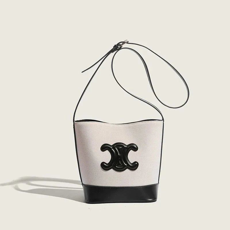 Chanel White and Black Canvas Bucket Bag with CC Logo