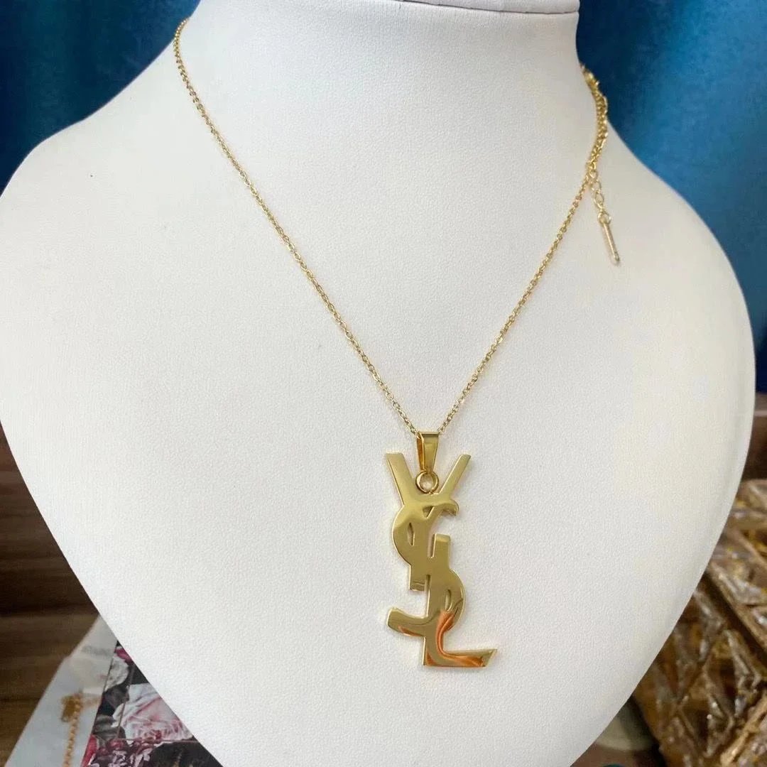 Golden YSL Logo Pendant Necklace for Women Fashion Statement Jewelry