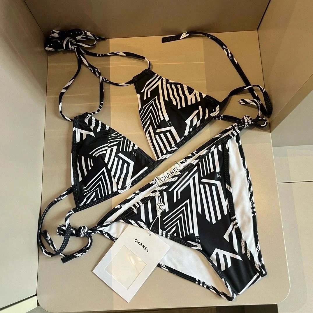 CHANEL Black and White Geometric Print Bikini Set