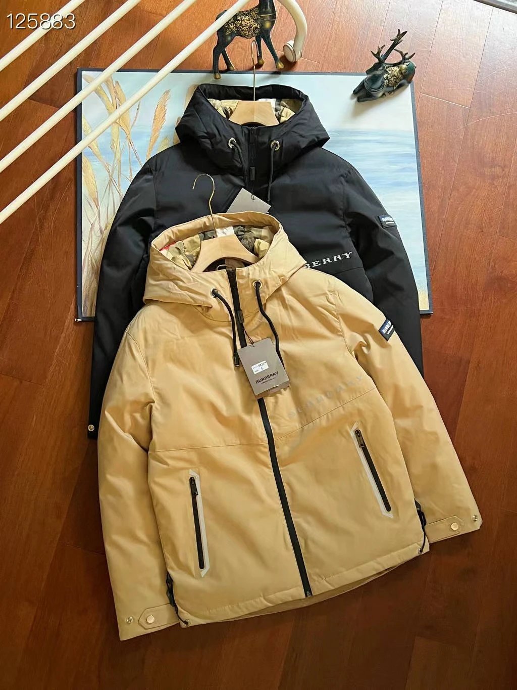 Burberry Men's Hooded Winter Jacket in Beige and Black