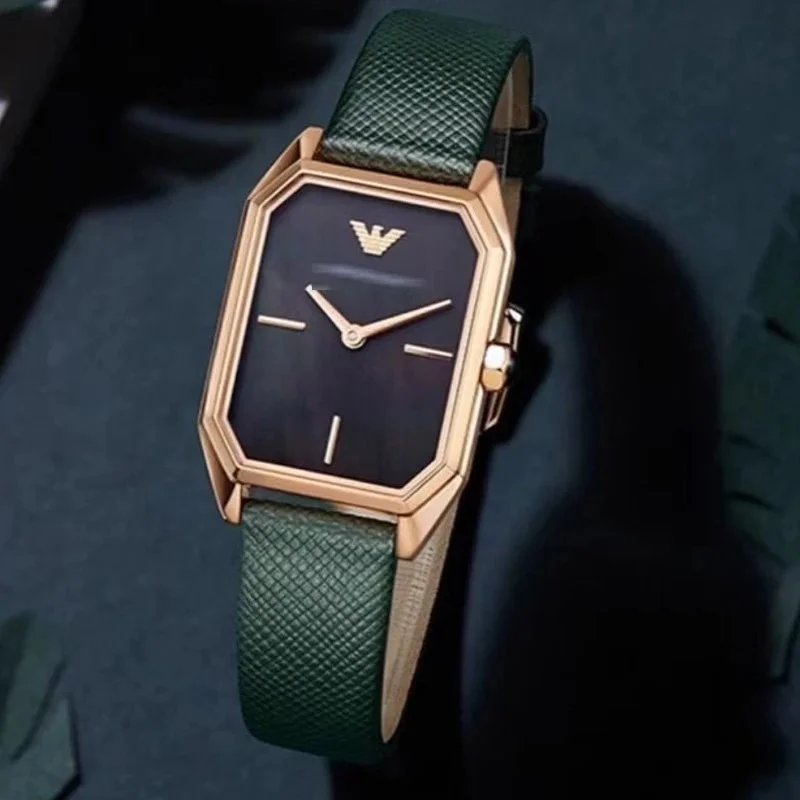 Emporio Armani Gold Tone Octagonal Watch with Green Leather Strap