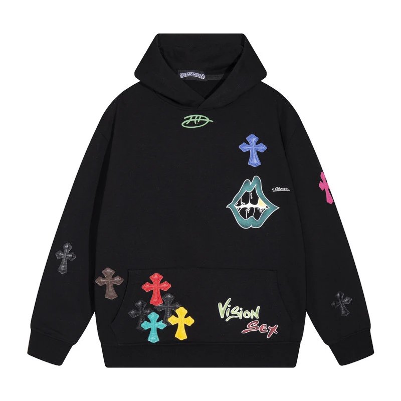 Vision Sex Black Hoodie with Colorful Cross Embroidery