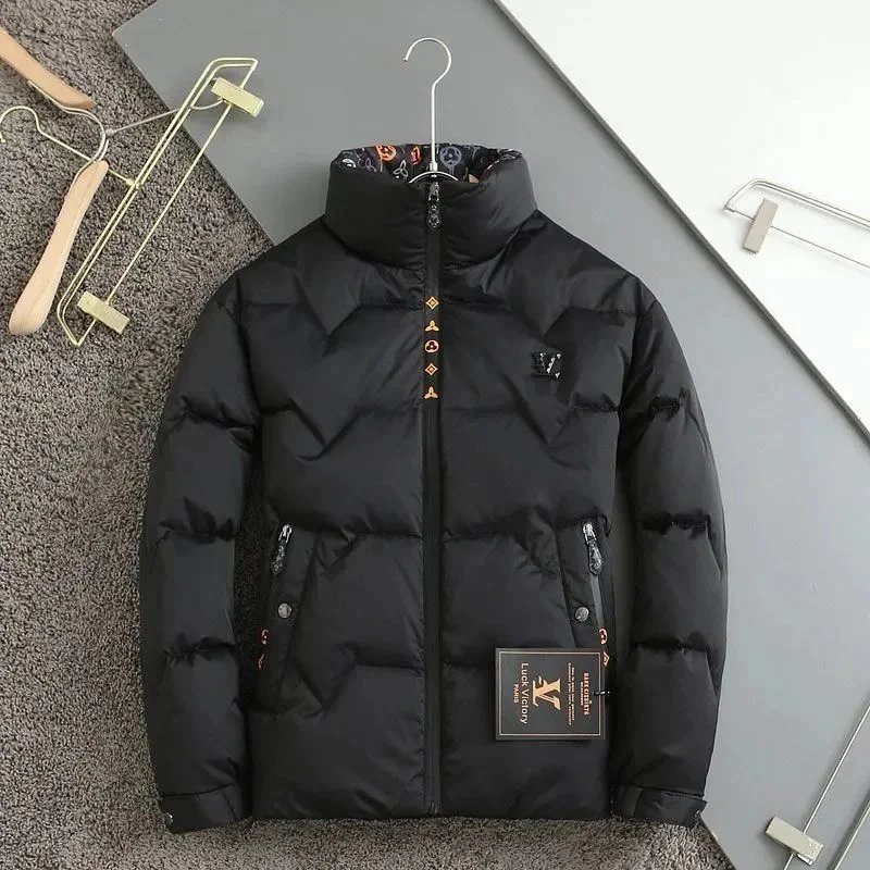Men's Black Puffer Jacket Winter Warm Coat with Zipper and Logo