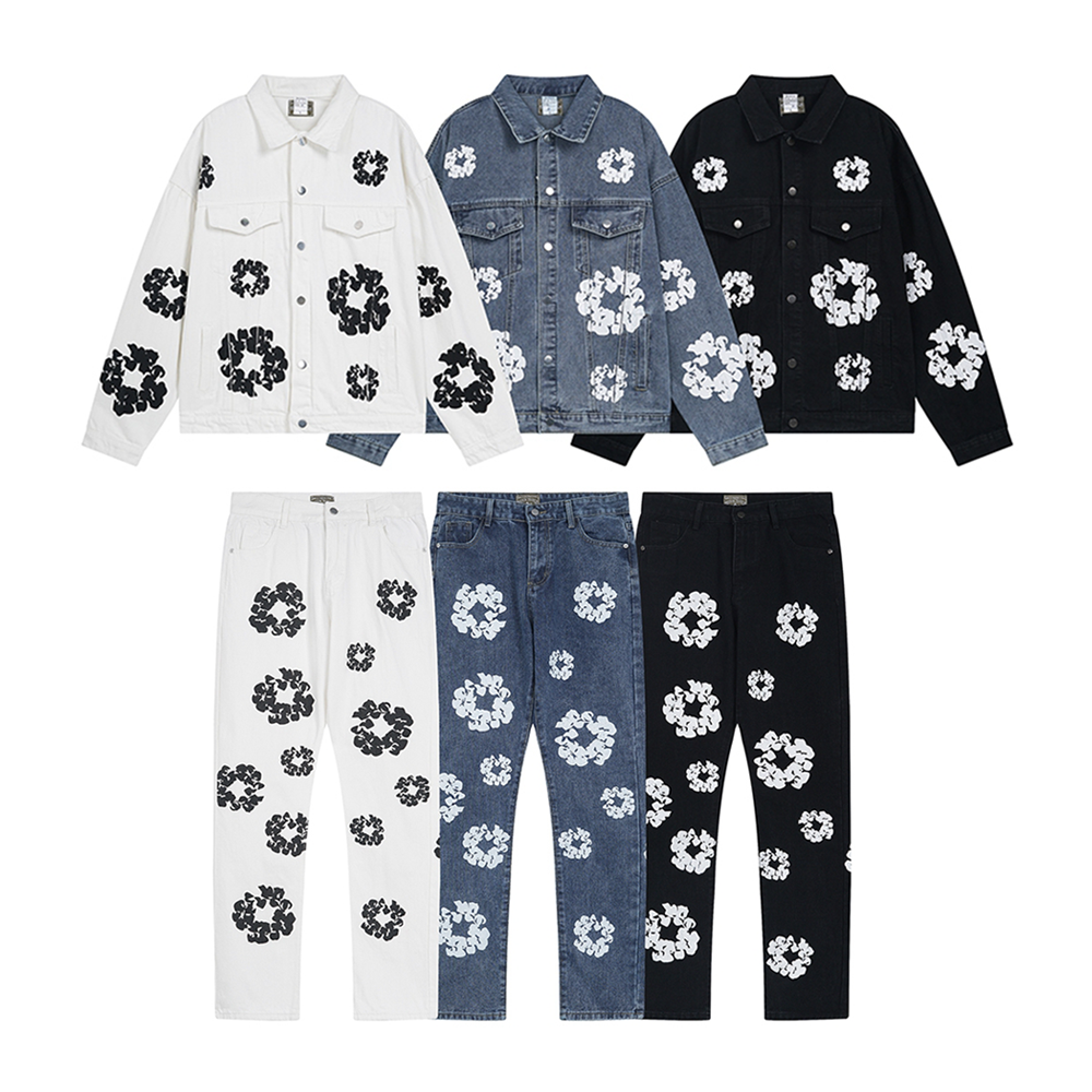 Floral Pattern Denim Jacket and Pants Set for Men and Women