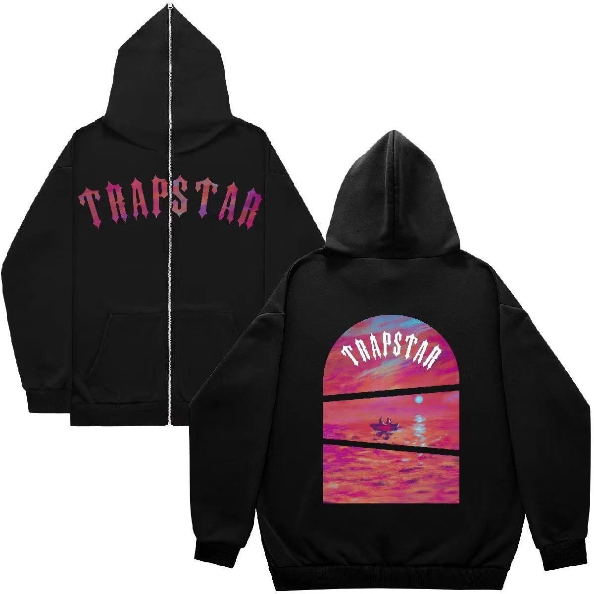 Trapstar Black Zip-Up Hoodie with Sunset Design