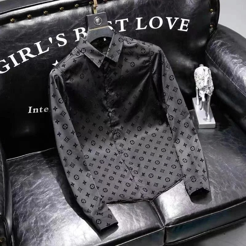 Luxury Monogram Pattern Long Sleeve Shirt for Men