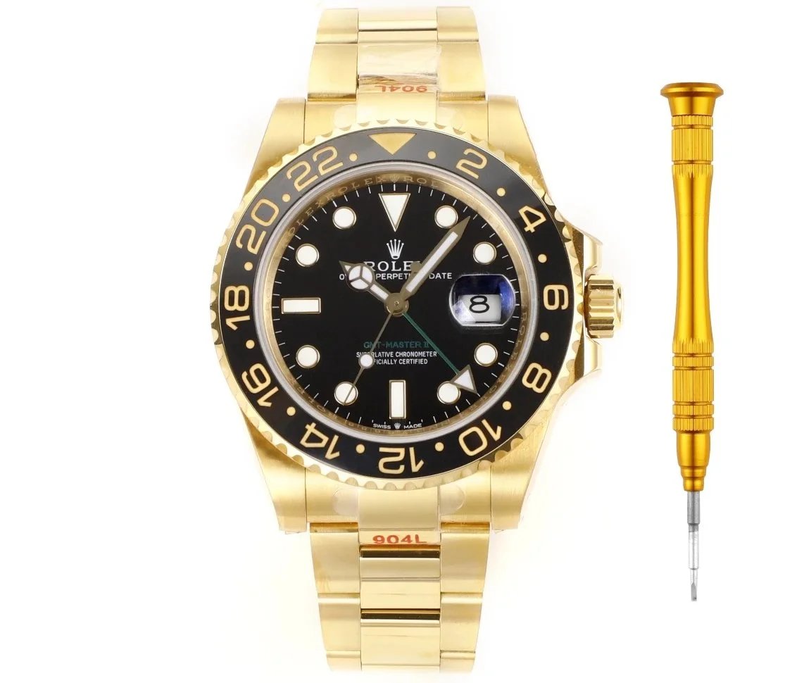 Rolex Oyster Perpetual Date Gold Watch with Black Dial and 24-Hour Bezel