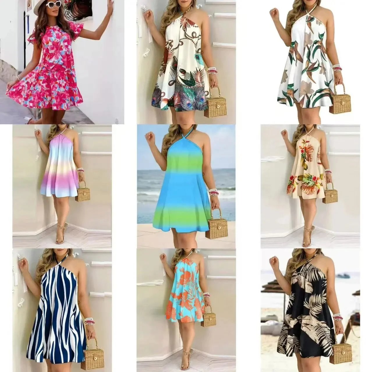 Women's Floral & Tie-Dye Halter Neck Summer Dresses