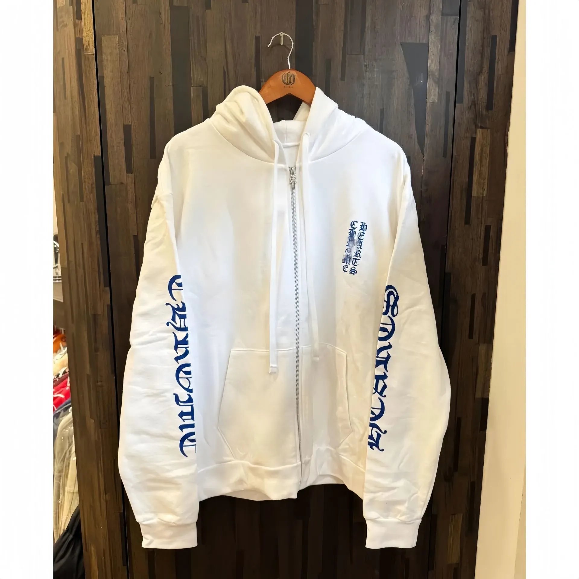 White Zip-Up Hoodie with Blue Logo Print
