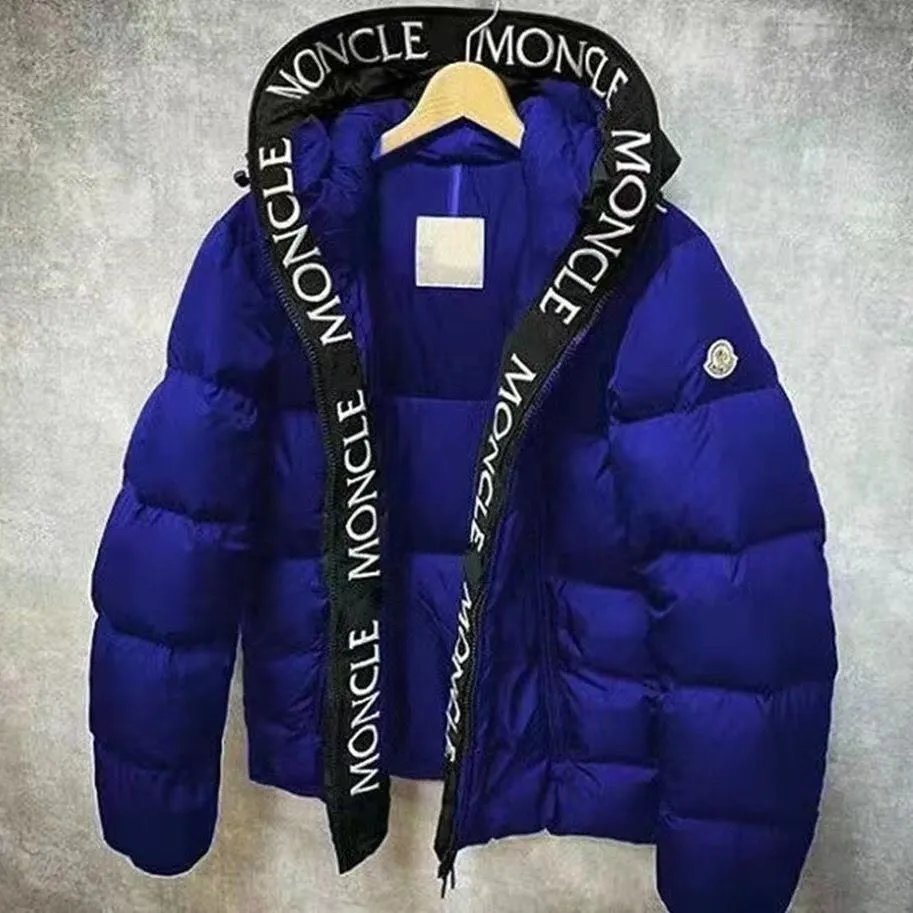 Moncler Blue Down Jacket with Logo Hood Trim