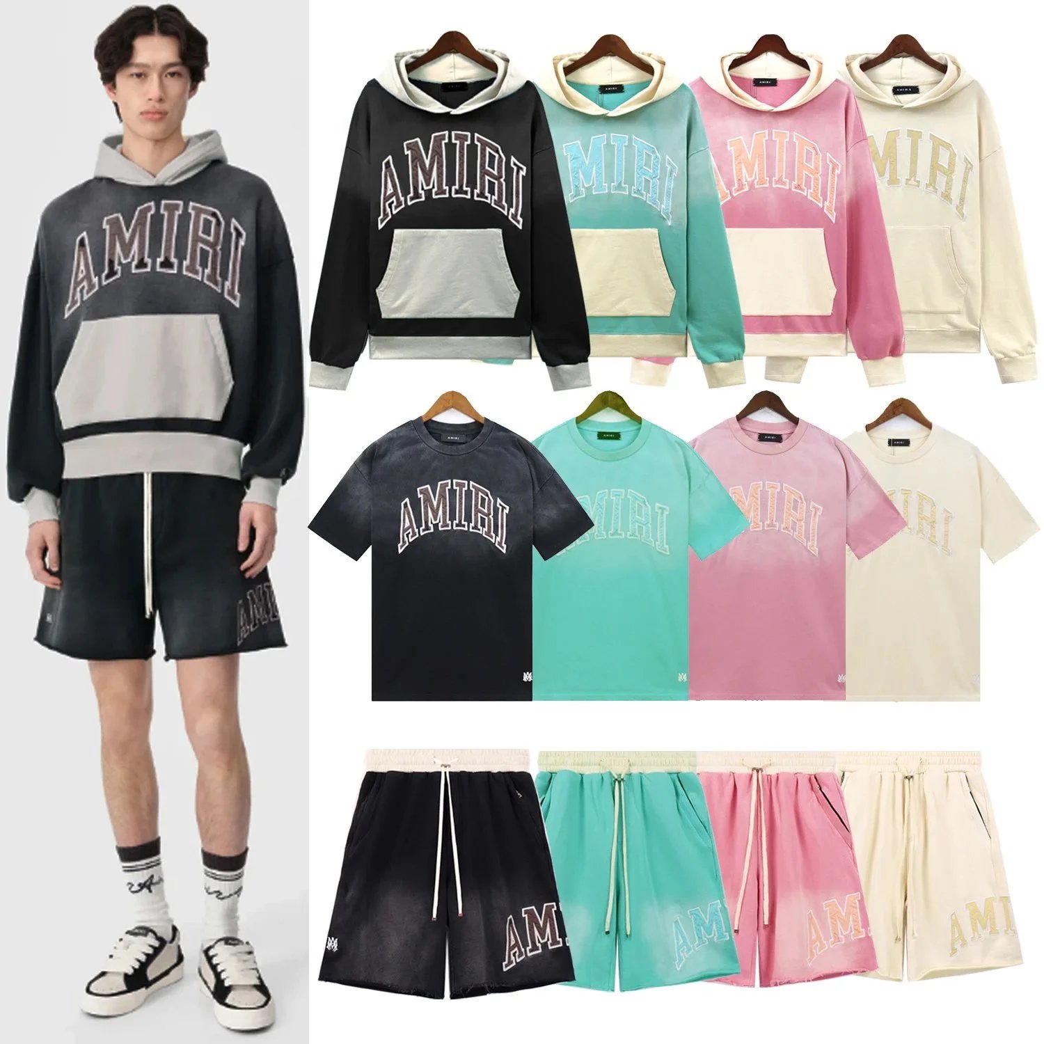 AMIRI Color Block Hoodie T-Shirt Shorts Set for Men