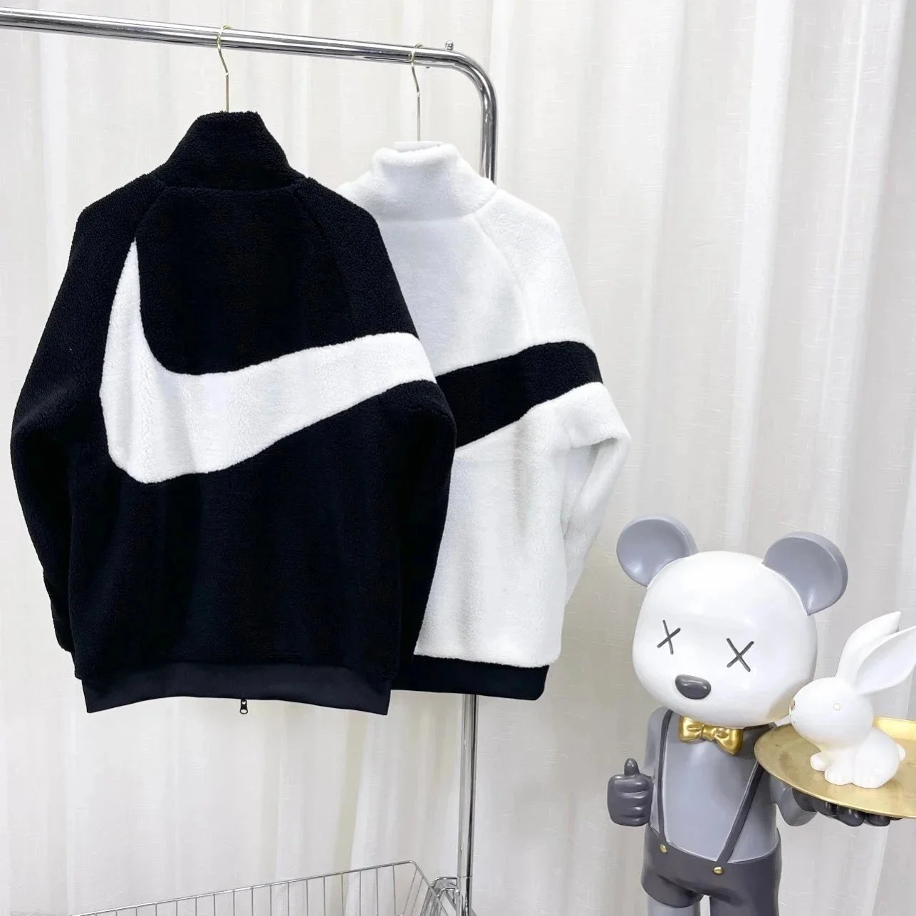 Nike Fleece Jacket with Swoosh Design - Black and White