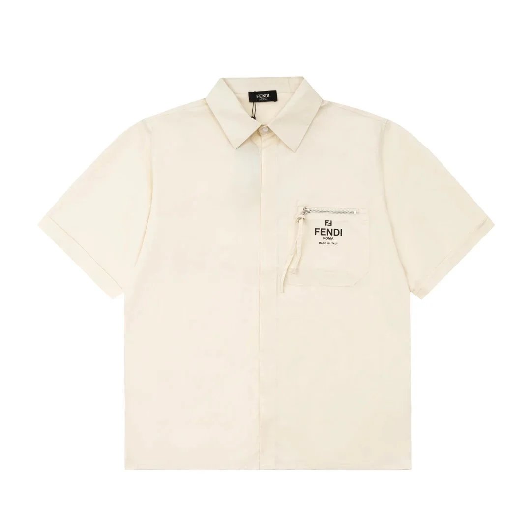 FENDI Cream Short Sleeve Shirt with Logo Pocket