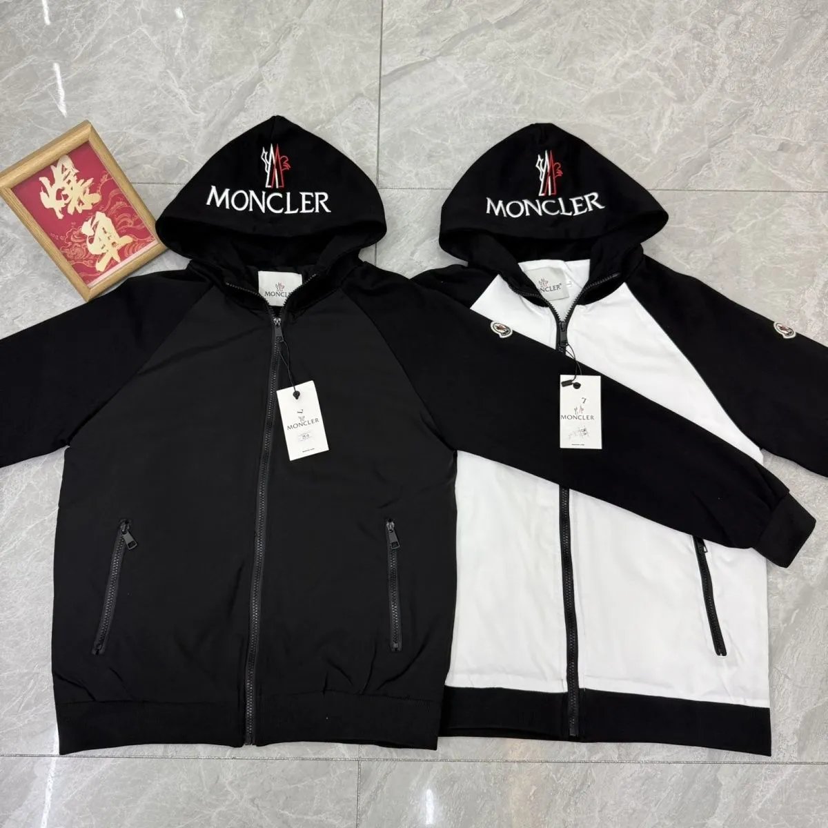 Moncler Hooded Zip-Up Jacket for Kids Black and White