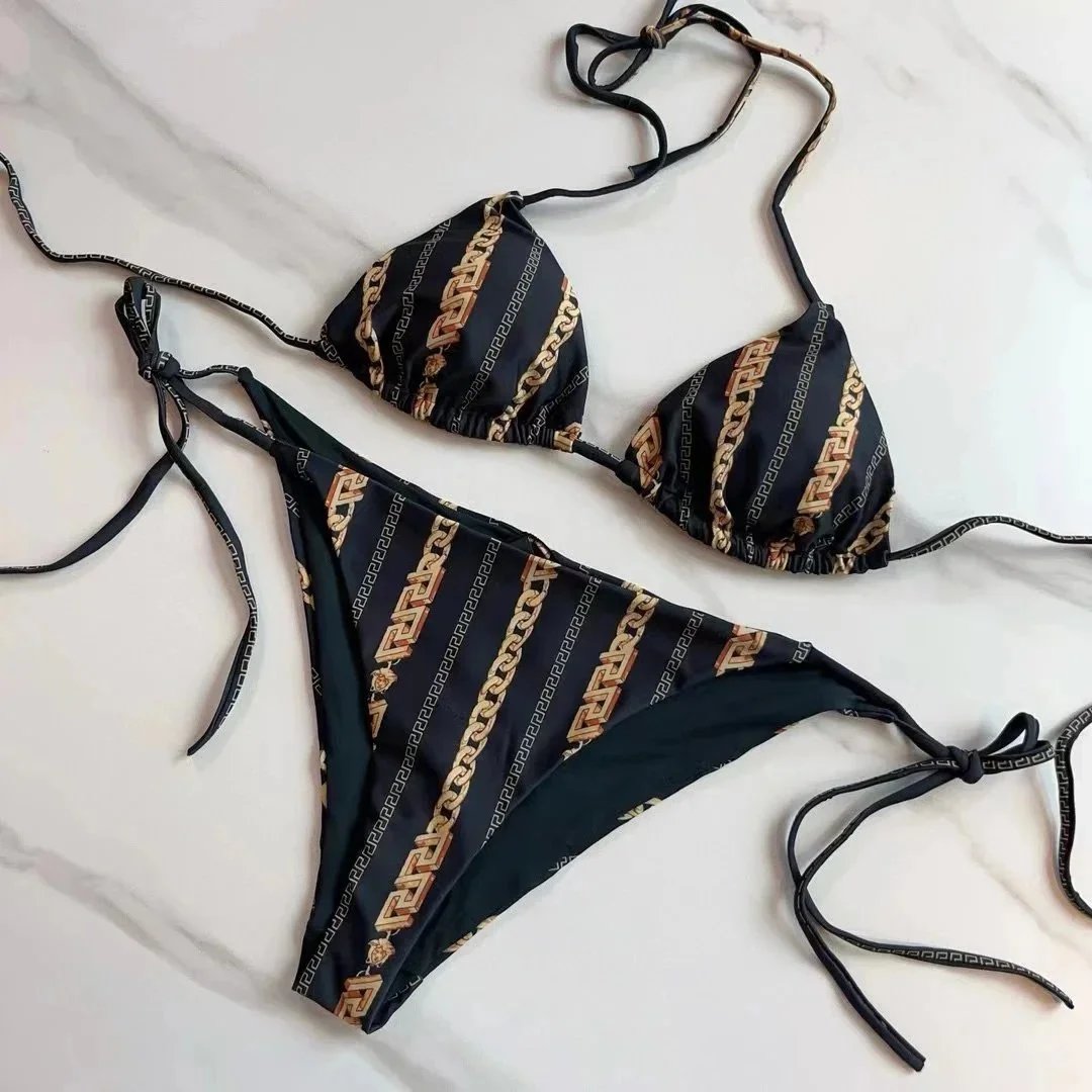 Black and Gold Chain Print Bikini Set for Women
