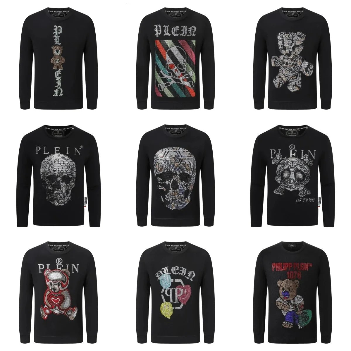 Philipp Plein Black Knit Sweaters with Skull and Bear Designs