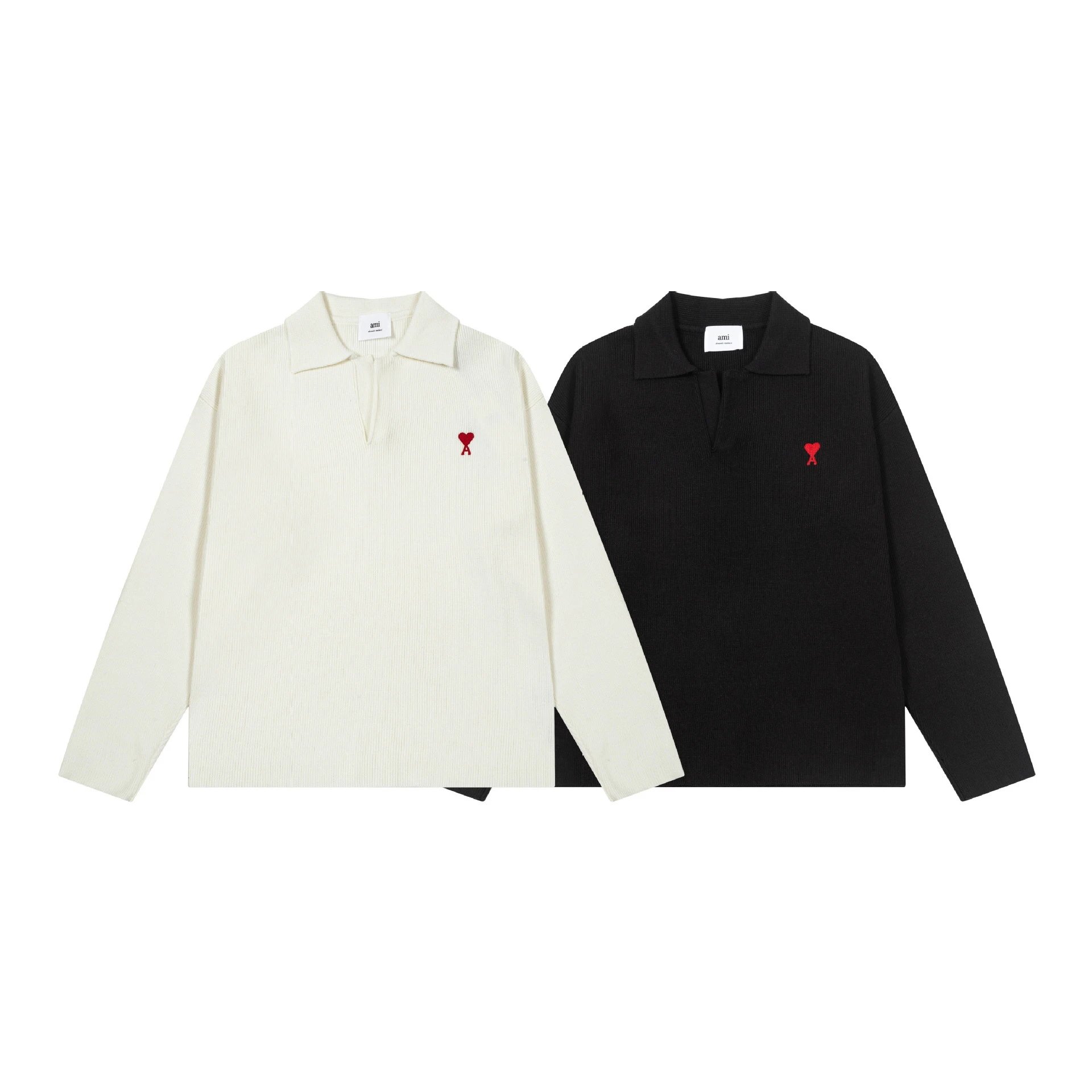 Aries Long Sleeve Ribbed Polo Shirt in Black and Cream
