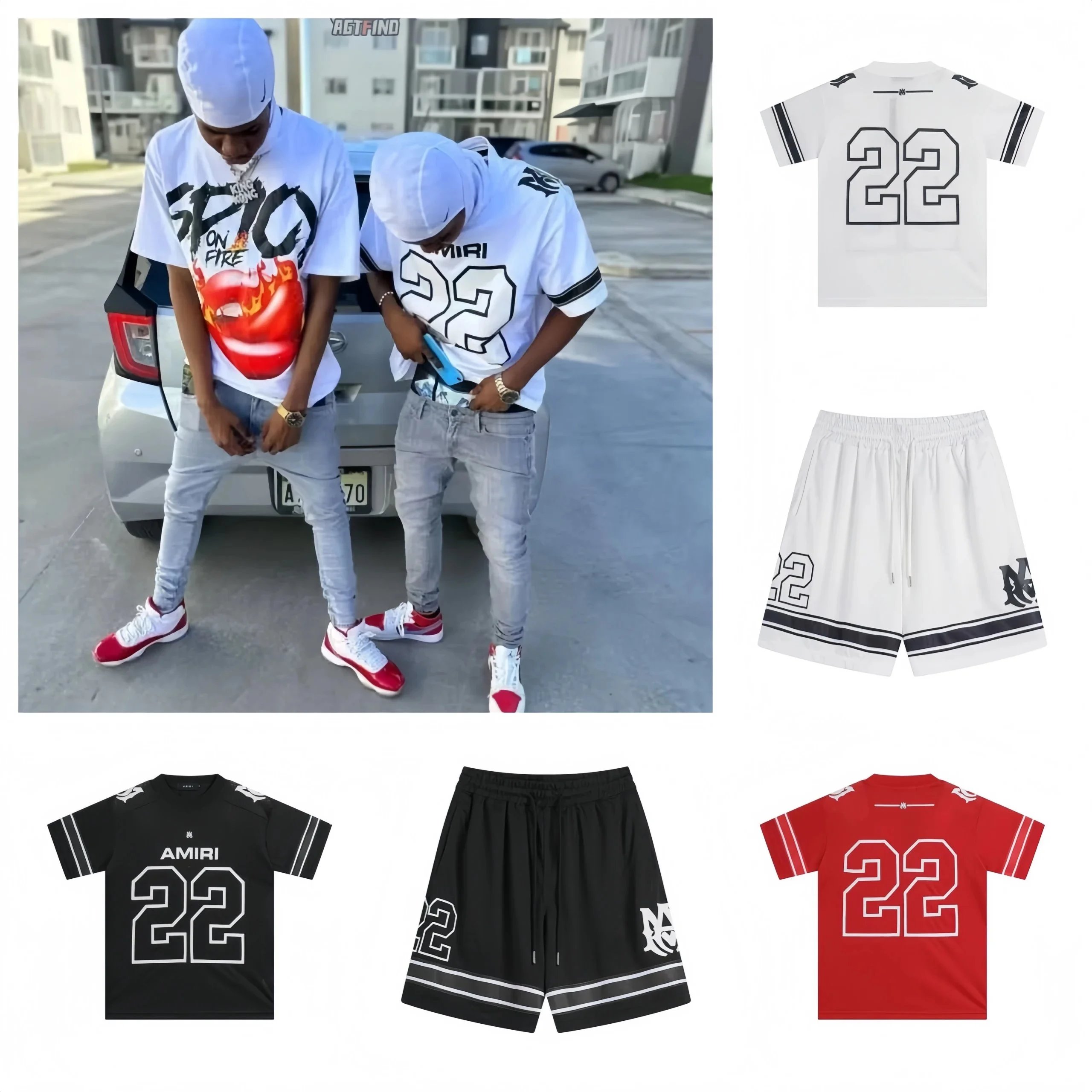 AMIRI 22 Jersey Set White Black Red Basketball T-Shirt and Shorts