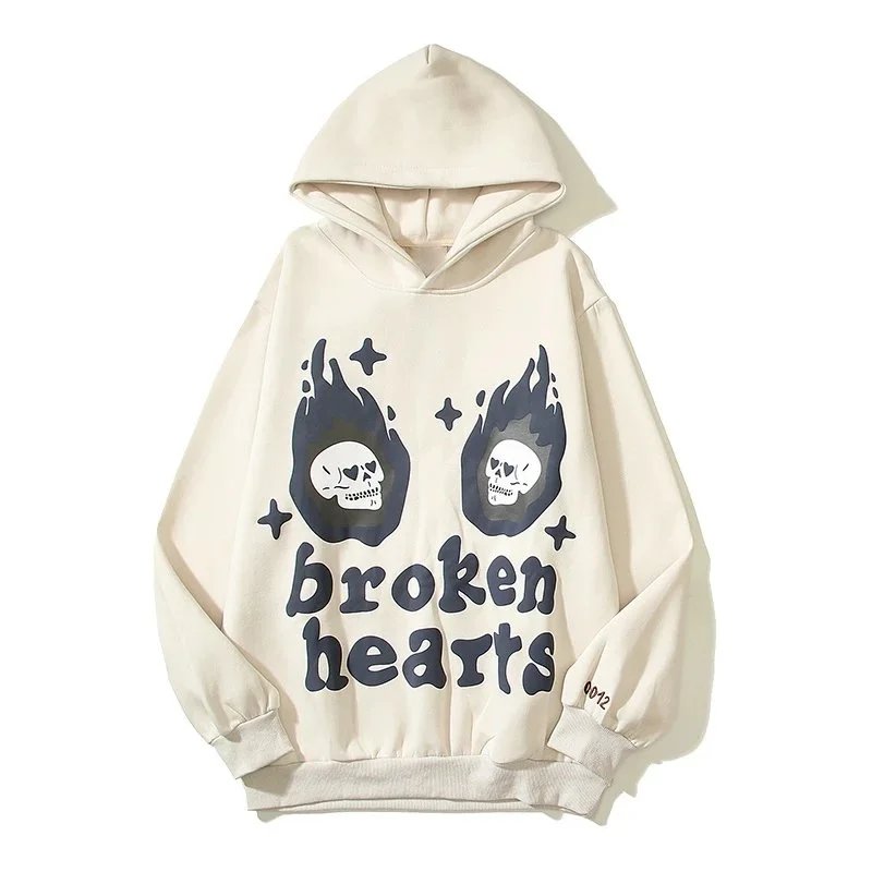Broken Hearts Hoodie with Skull Flame Design - Cream Color